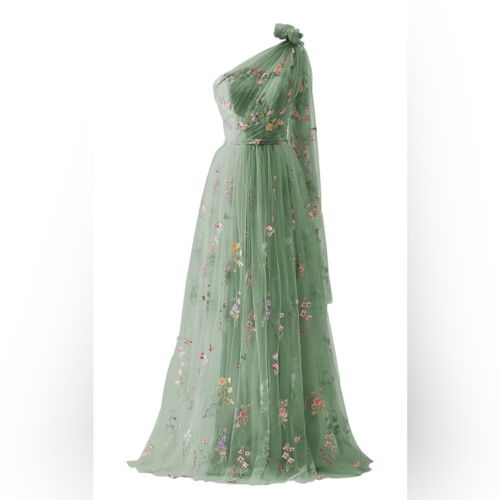 Elegant One Shoulder Floral Gown in Green